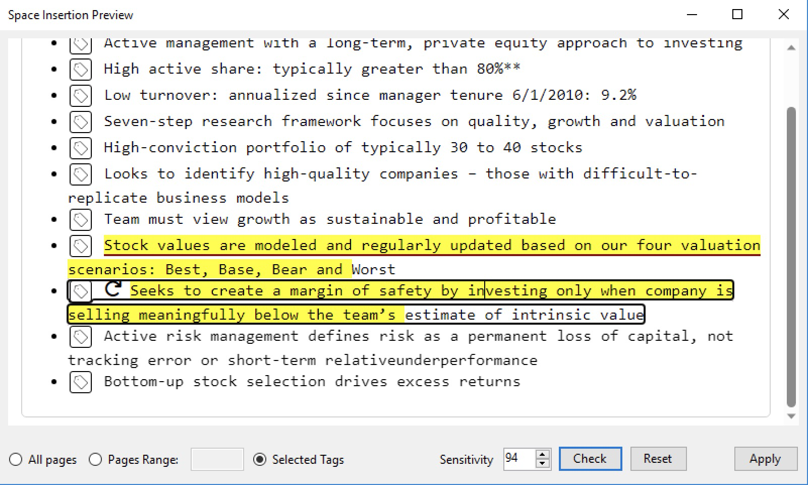Skærmbillede til guiden til indsættelse af mellemrum