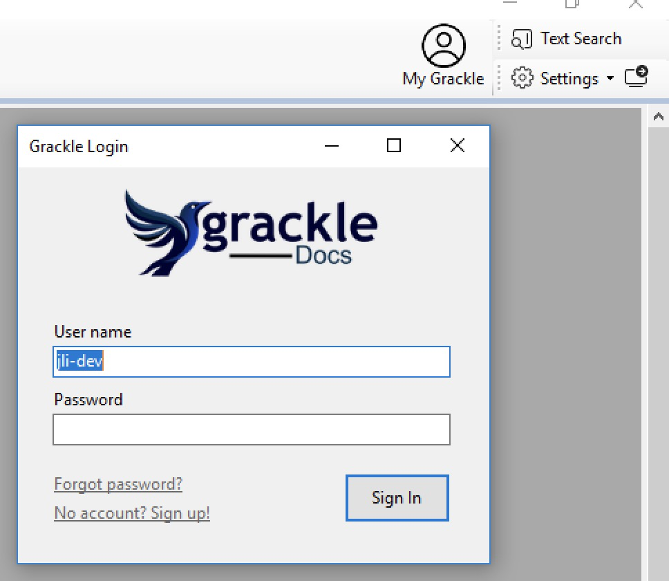 Skærmbillede til log-in-dialog