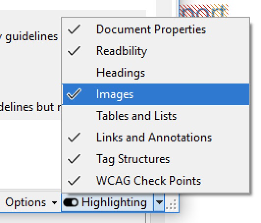 Popup menu showing options toggle visibility of validation errors by type.