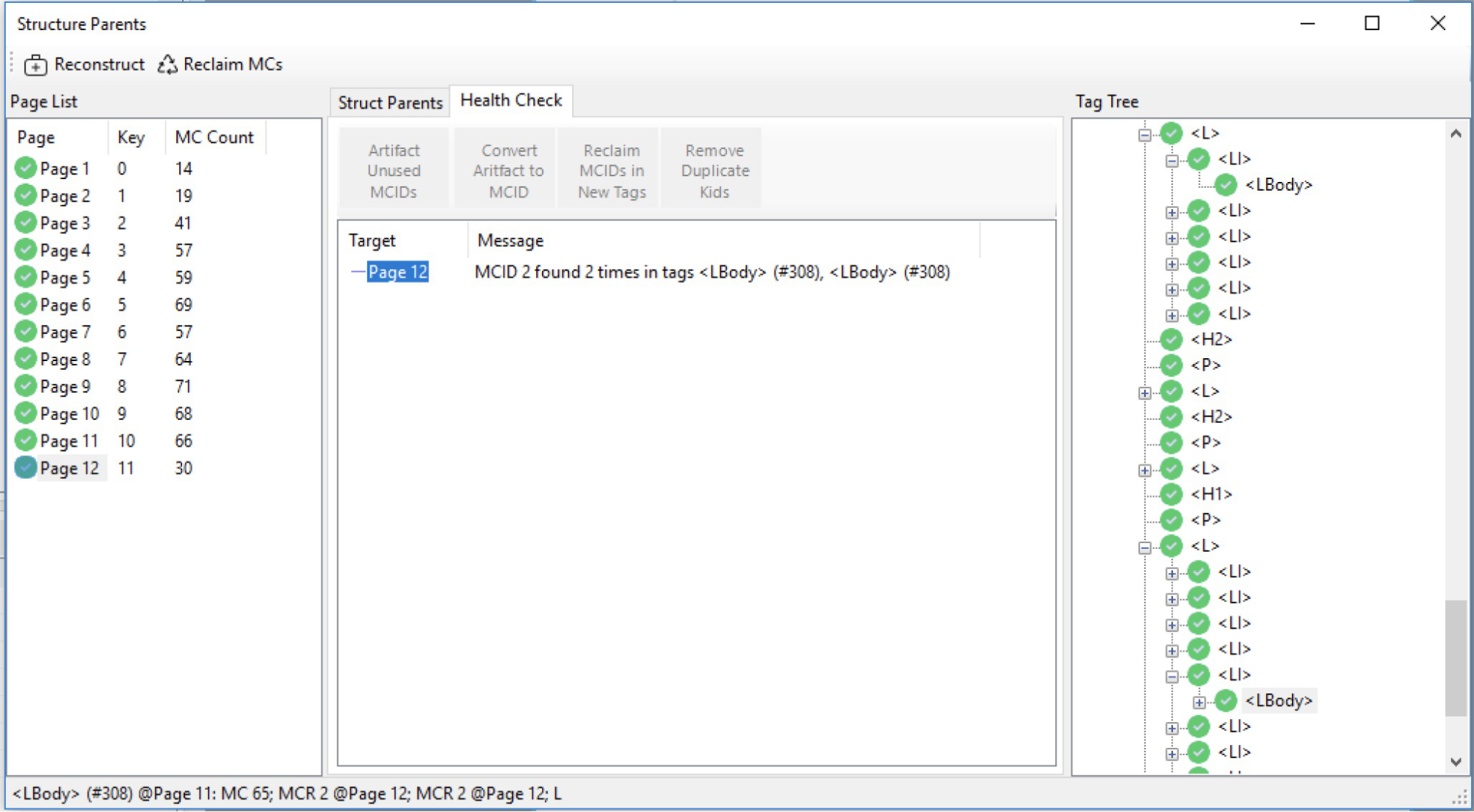 Strukturredigeringsprogram for overordnet træ, der viser MCID-fejl.