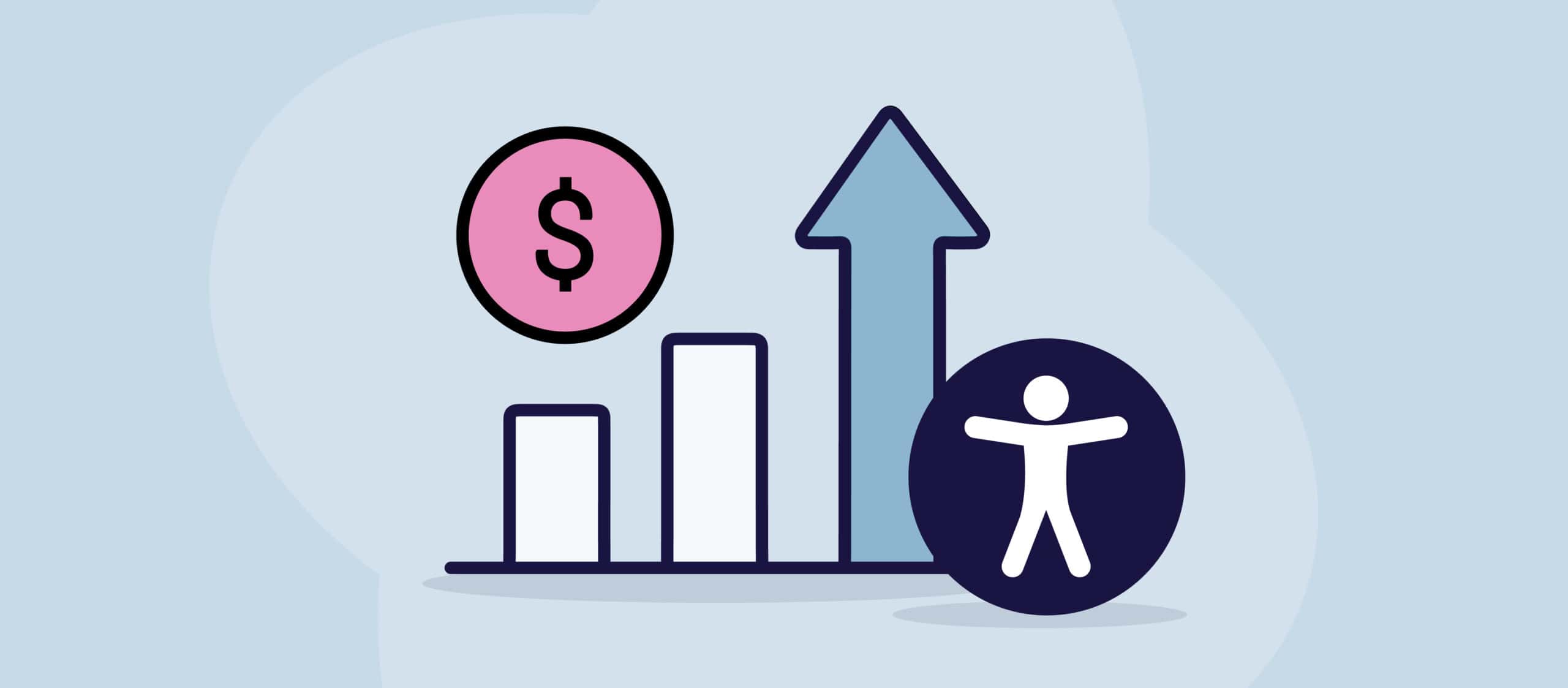 An illustration of a bar graph with three bars, and the third bar is an arrow pointing upwards. Next to it is the universal accessibility symbol.