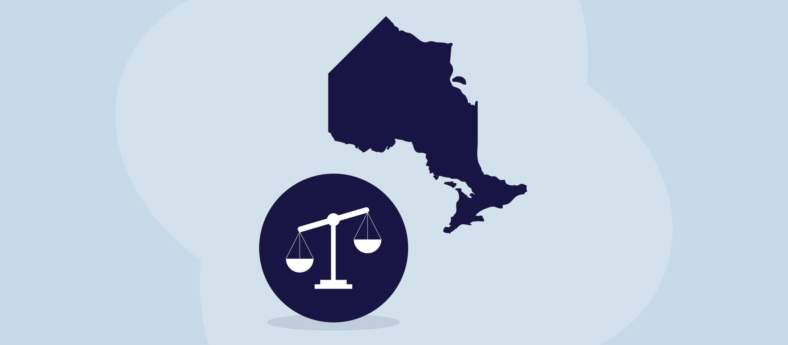 En illustrasjon av provinsen Ontario ved siden av juridiske skalaer.