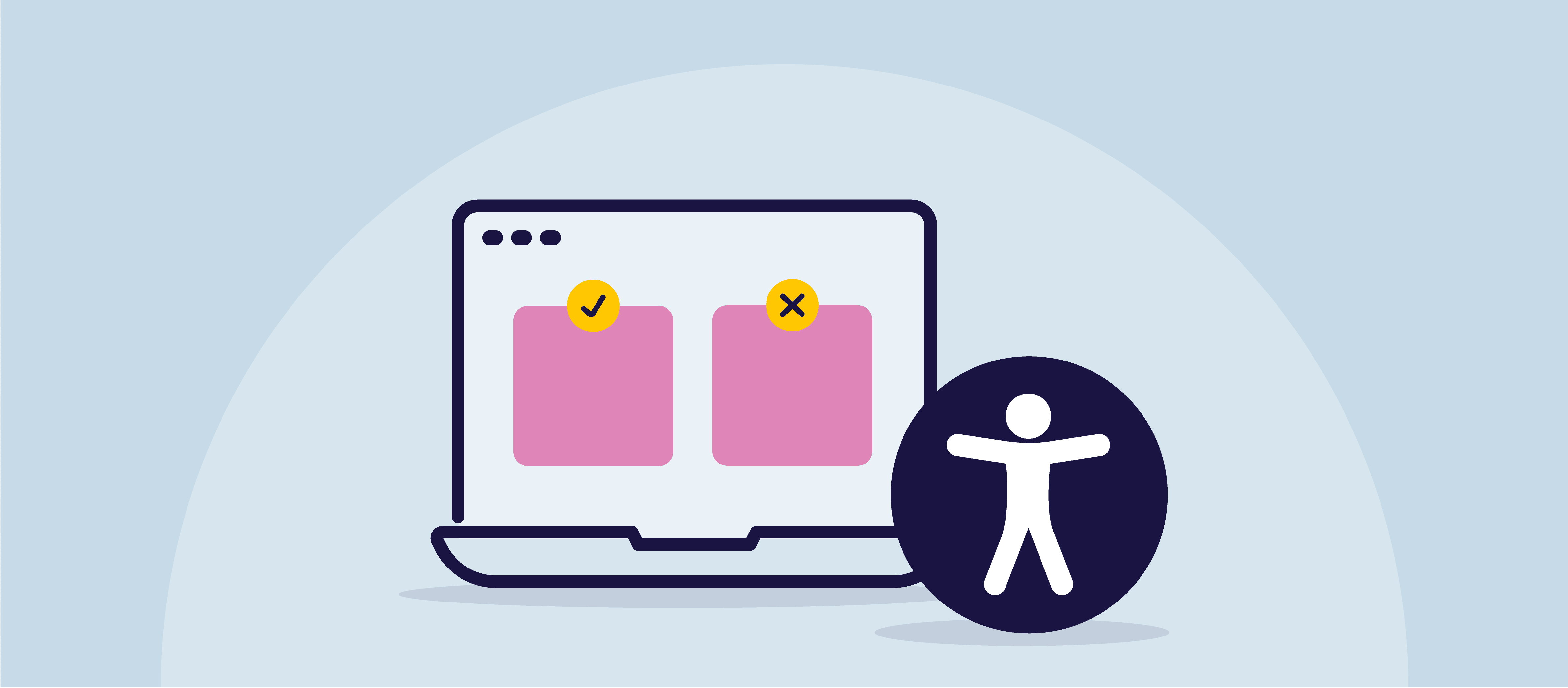 Illustration d'un écran d'ordinateur avec deux carrés roses sur l'écran représentant des mèmes. L'un d'eux est surmonté d'une coche et l'autre d'un X. À droite de l'écran se trouve le symbole d'accessibilité universelle.