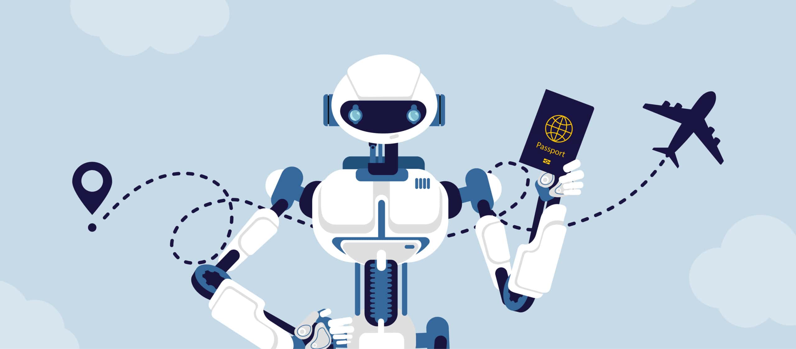 An illustration of AbleBot holds up a passport. Behind it is a plane leaving a destination marker.