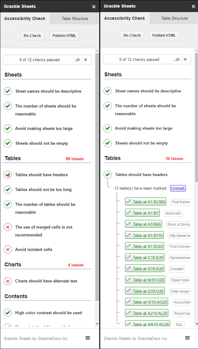 Screenshot of Grackle Sheets accessibility check