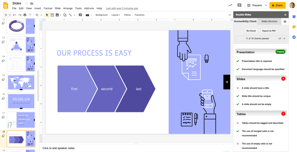 Screenshot of Grackle Slides showing accessibility check panel