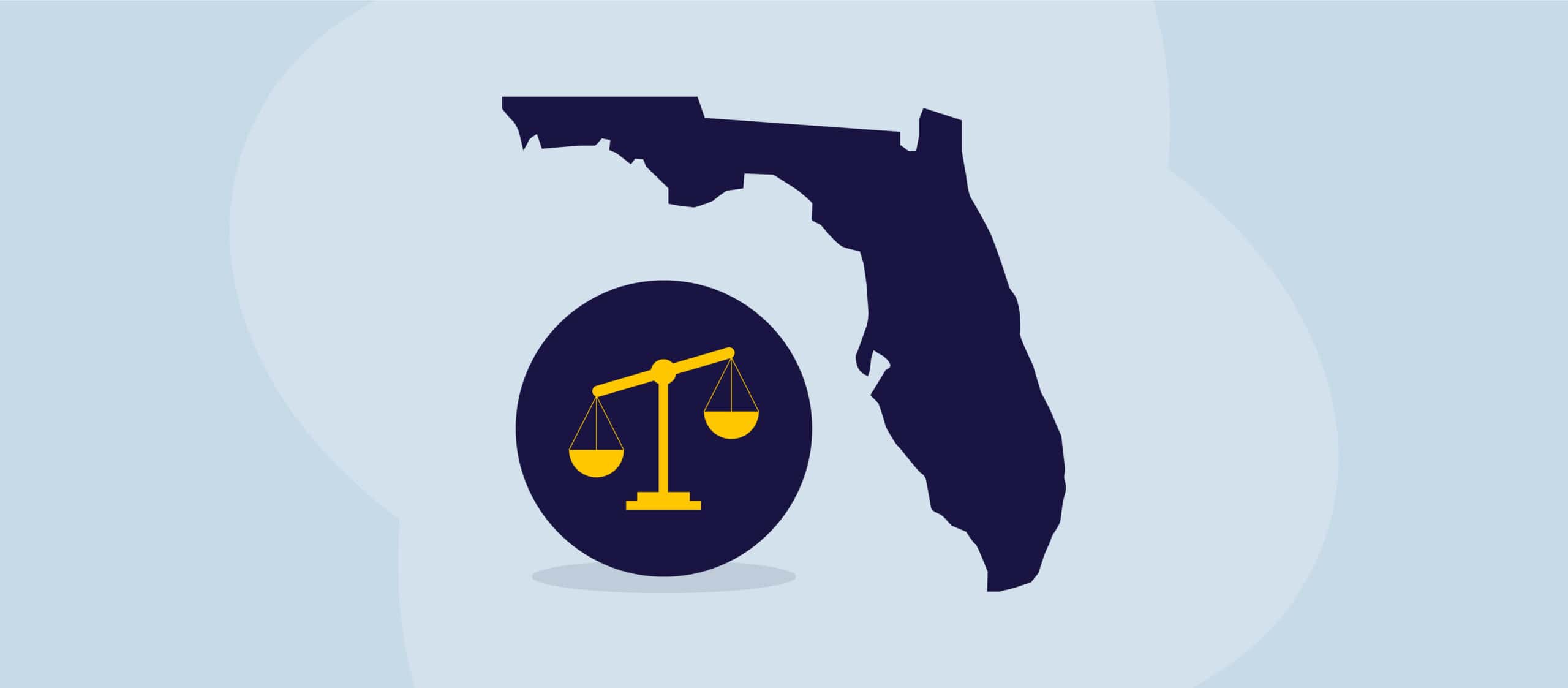 An illustration featuring the scales of justice and the state of Florida.