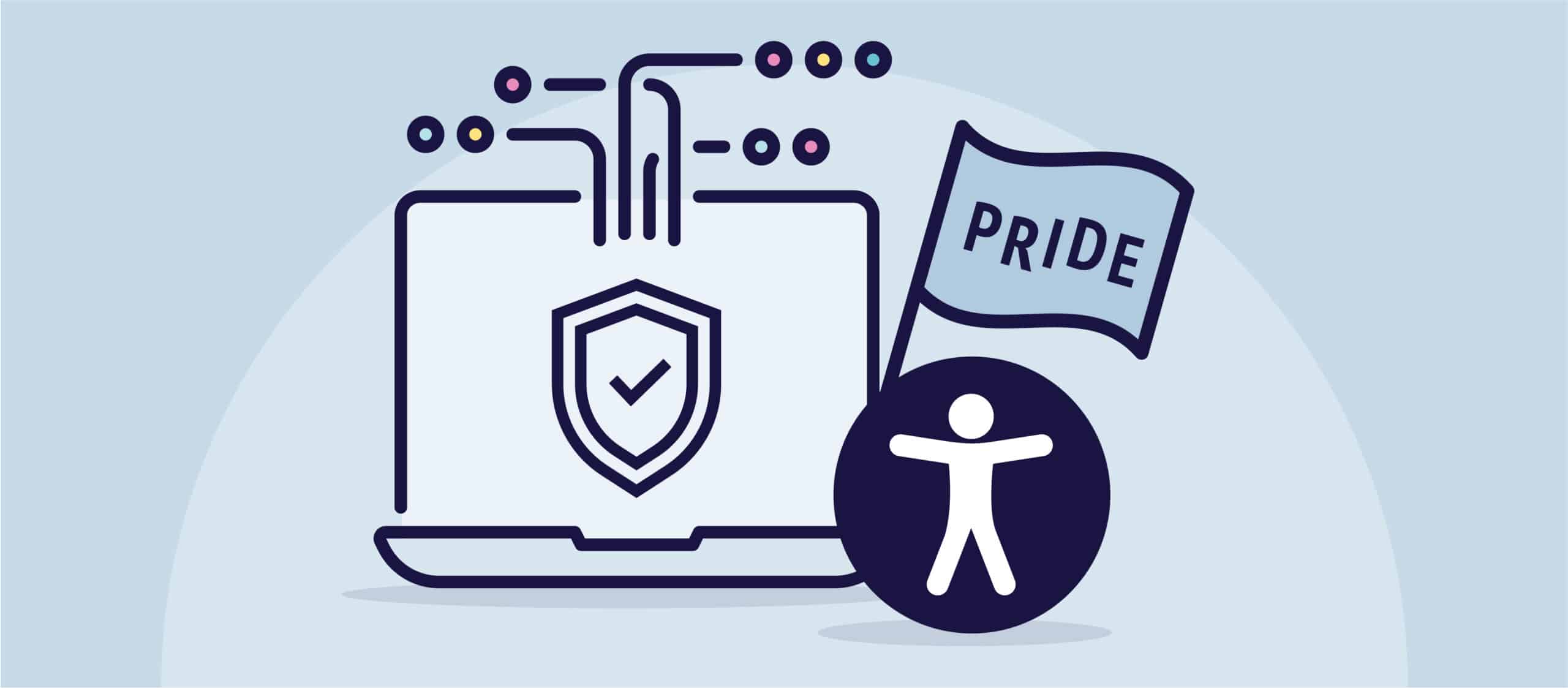 L'illustration d'un ordinateur portable portant le symbole de l'accessibilité universelle à sa droite brandit un drapeau sur lequel on peut lire "Pride" (fierté).