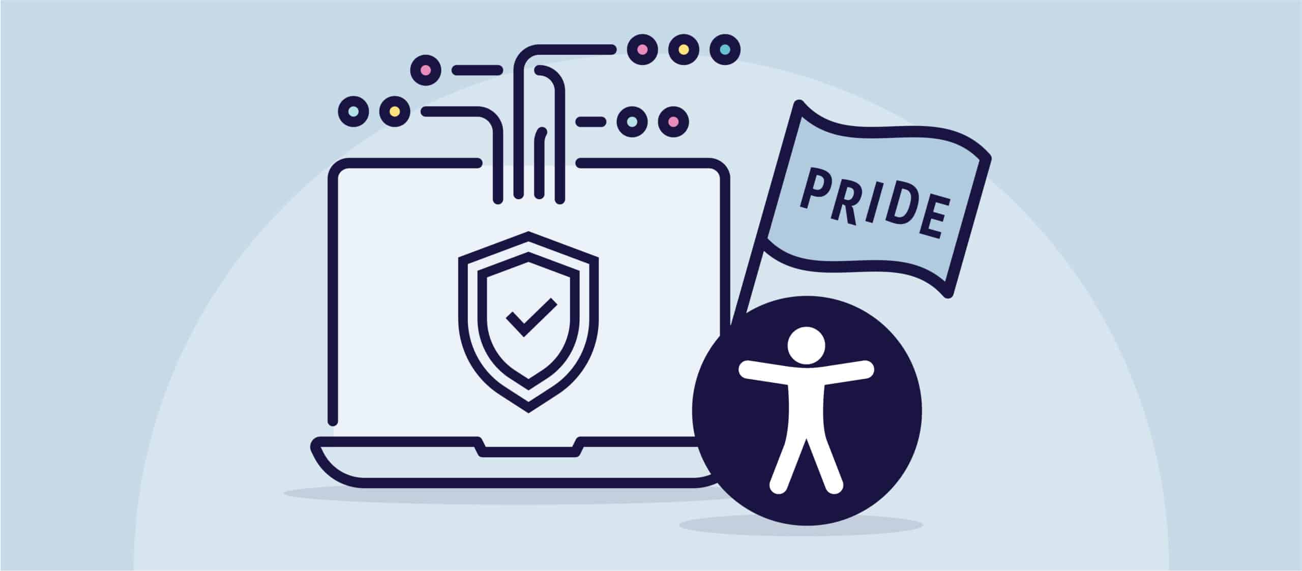 En illustrasjon av en bærbar datamaskin med symbolet for universell utforming til høyre for vifter med et flagg med teksten "Pride".