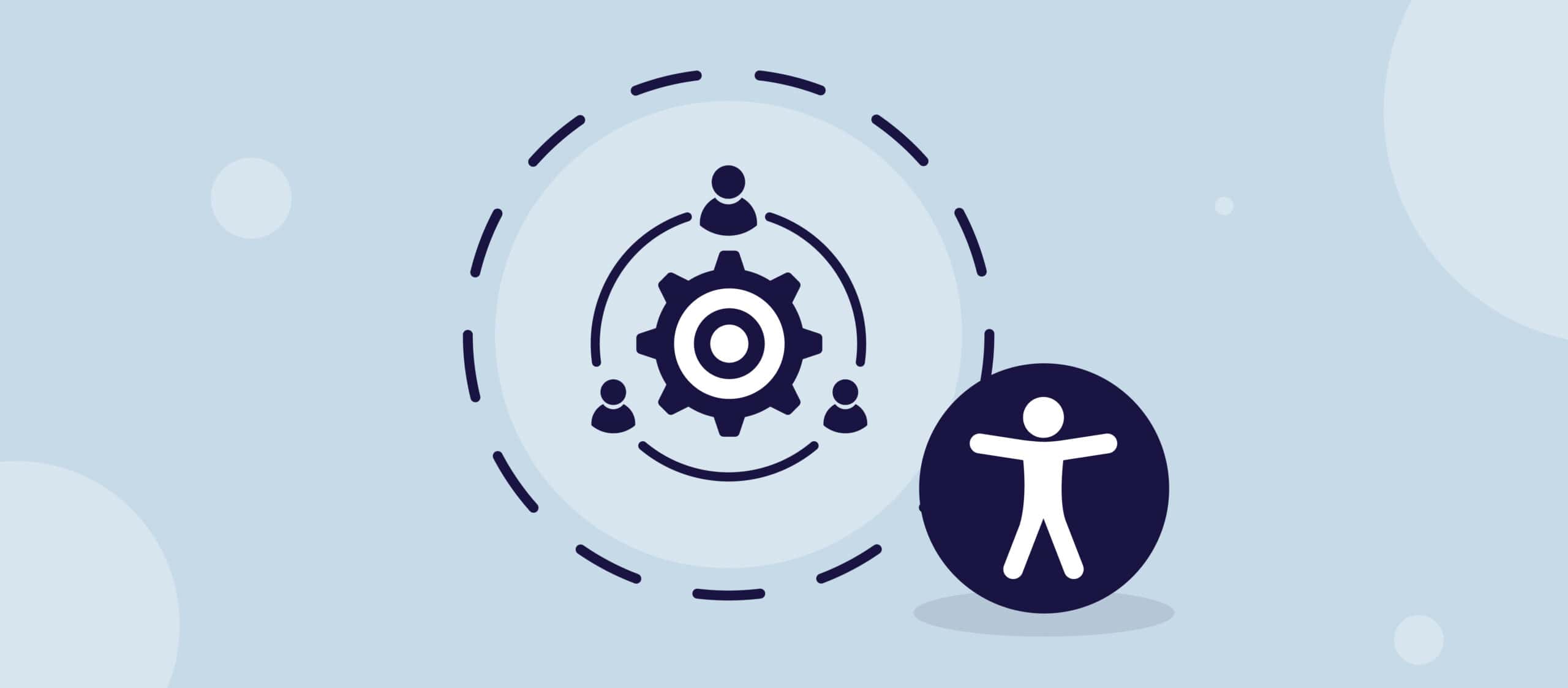 En illustrasjon av en geit med tre personer rundt for å vise en planleggingskomité. Symbolet for universell utforming er til høyre for den.