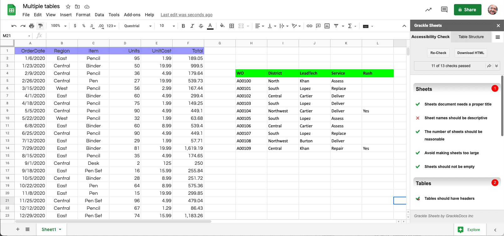 Screenshot of Grackle Sheets showing data tables