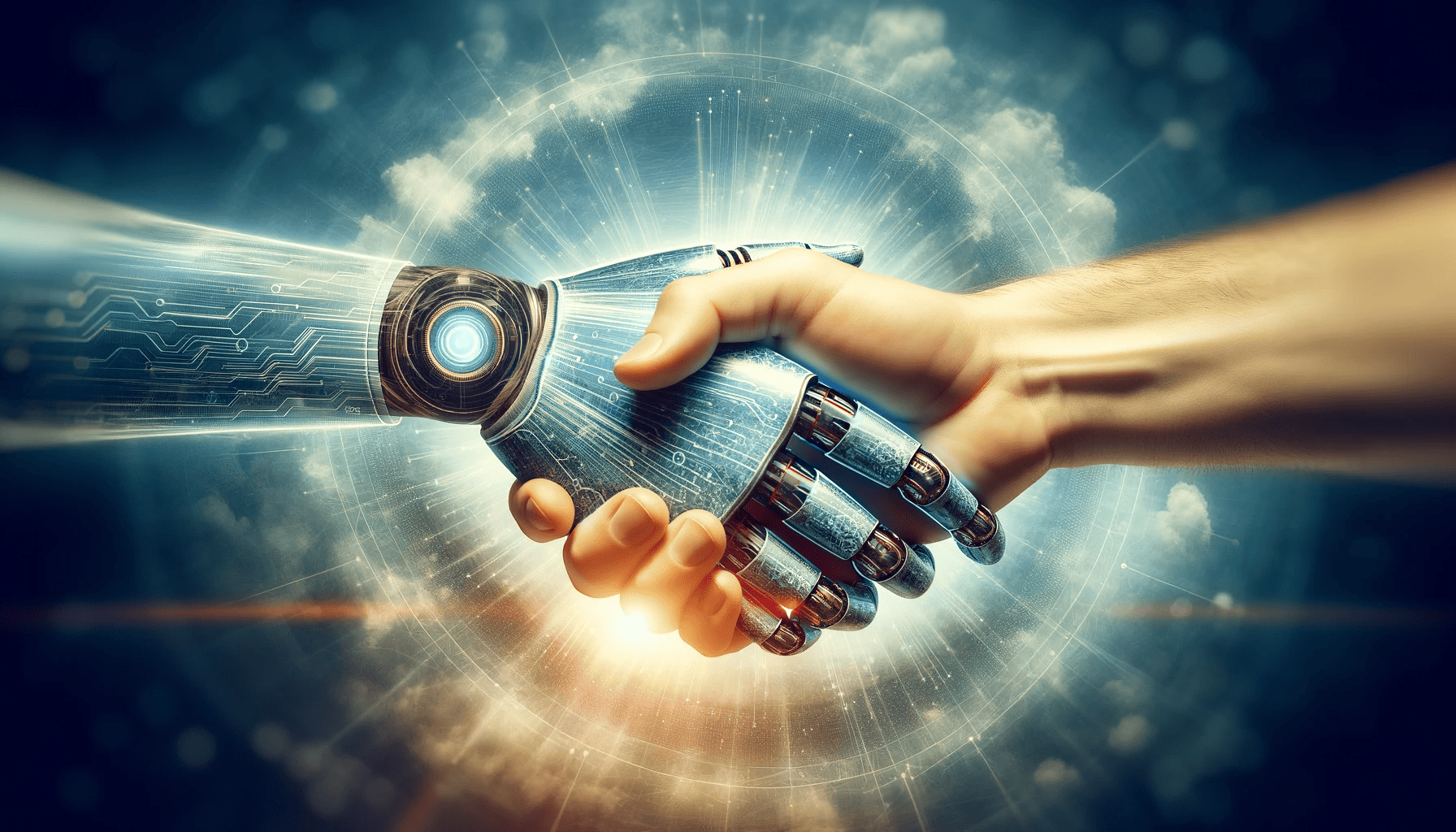 Une poignée de main symbolique entre une main humaine et une main robotique numérique représentant la collaboration entre l'homme et l'IA