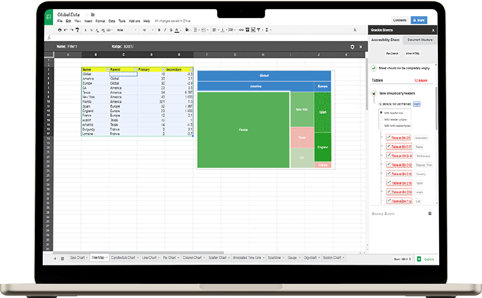 Screenshot of Grackle Sheets accessibility check panel