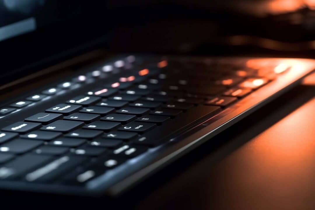 Backlit laptop keyboard with a soft focus and warm amber lighting.
