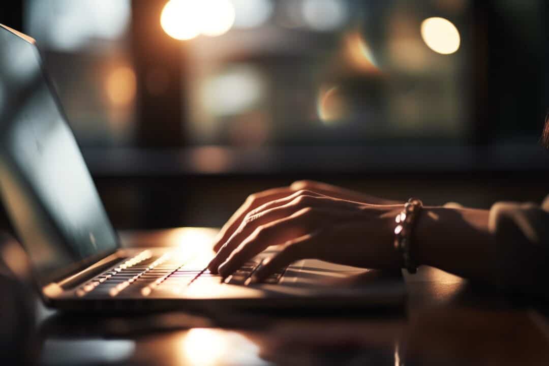 Gros plan des mains d'une personne tapant sur le clavier d'un ordinateur portable, éclairées par la lueur chaude d'un coucher de soleil.