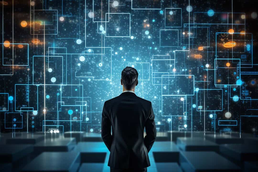 Businessman in a suit standing before a futuristic digital interface with interconnected data blocks and glowing nodes.