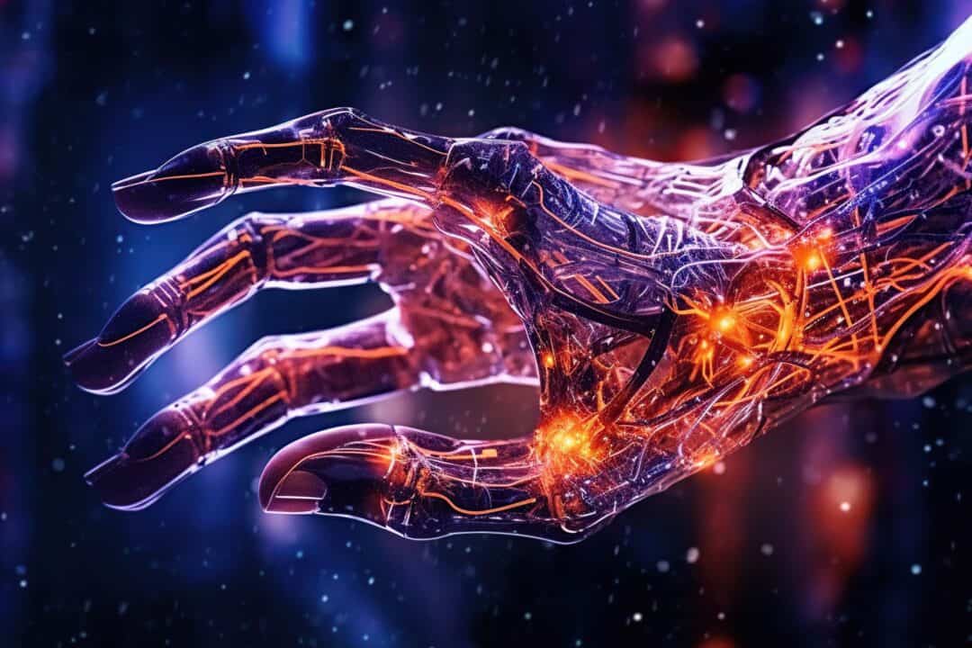 Digitalt kunstværk af en kybernetisk hånd med indviklede kredsløb og glødende knudepunkter, der antyder avanceret robotteknologi.