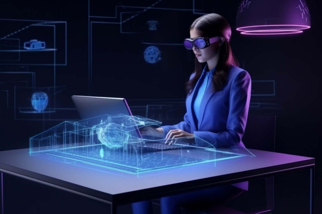Woman in smart glasses working on a laptop with a virtual 3D architectural model projected onto her desk.