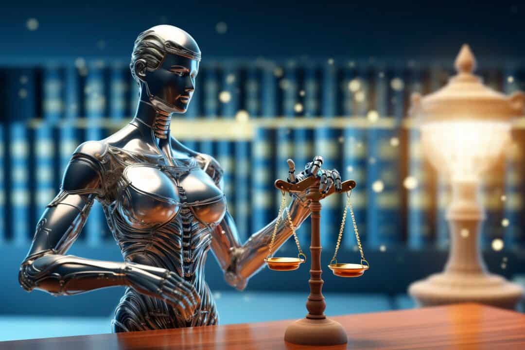 Metallic robot designed with feminine features holding a scale of justice in a library setting, signifying the balance of technology and law.