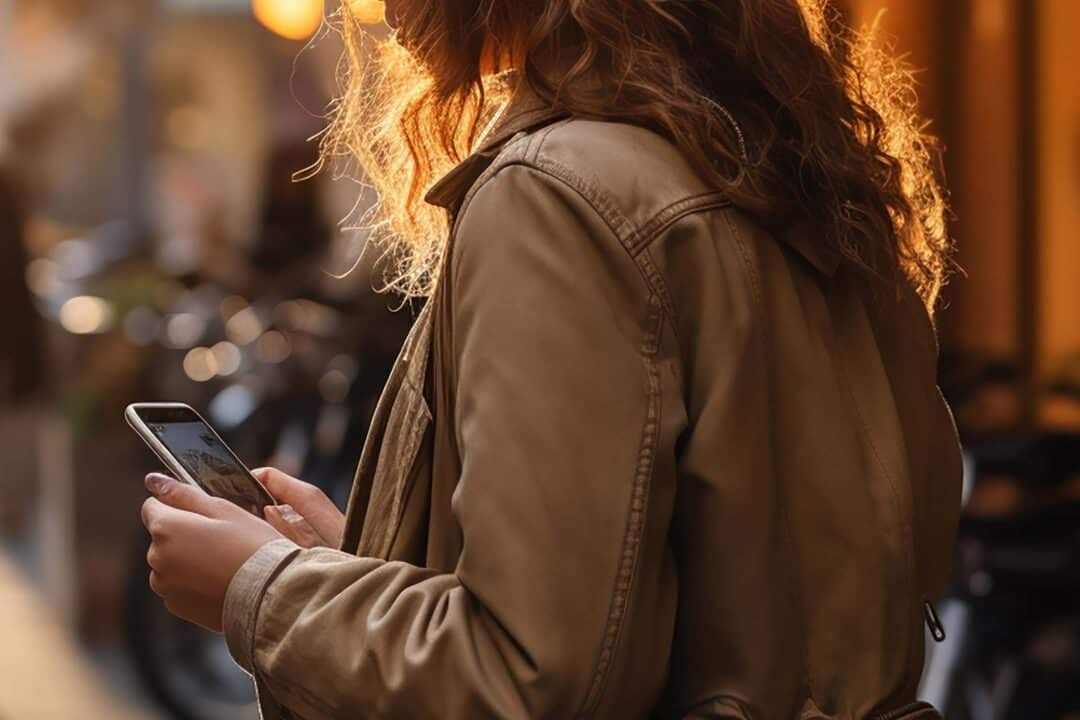 Femme en veste décontractée utilisant un smartphone dans une rue de la ville au crépuscule, la lumière chaude du soleil illuminant ses cheveux.