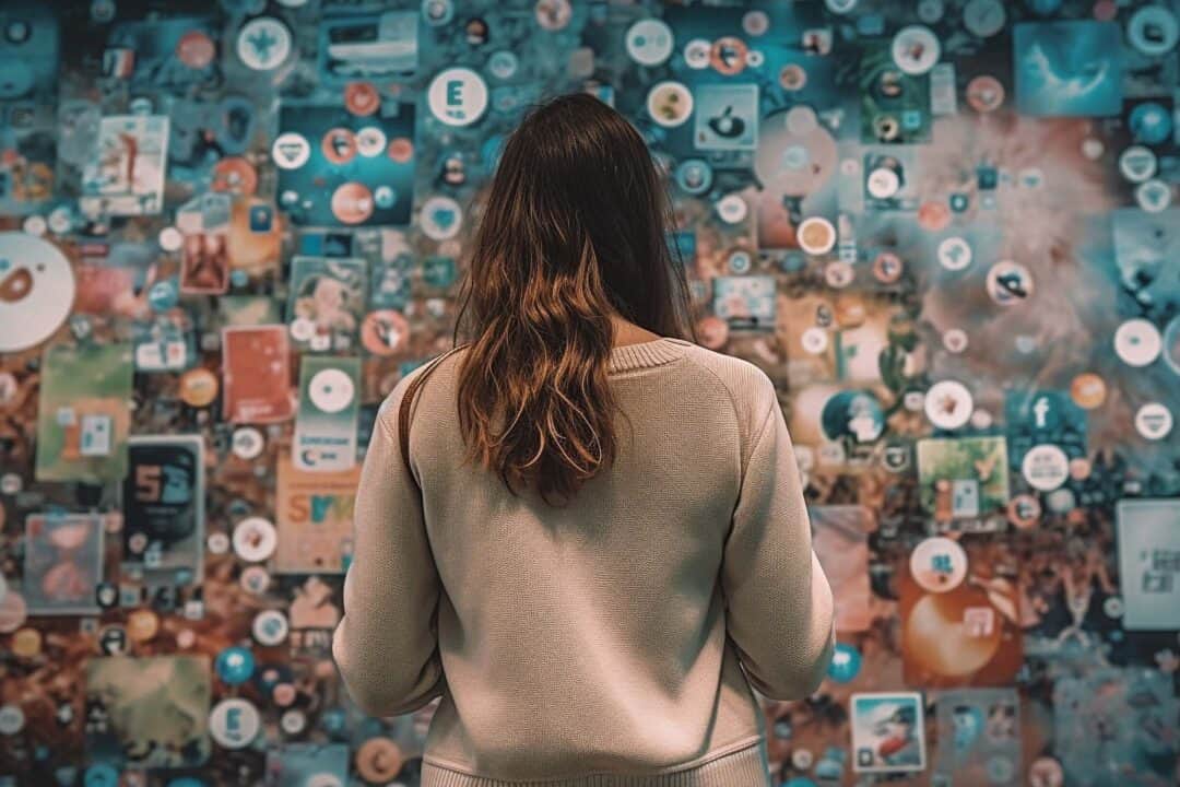 Femme face à un mur rempli d'une myriade d'icônes de médias sociaux et de communication numérique.