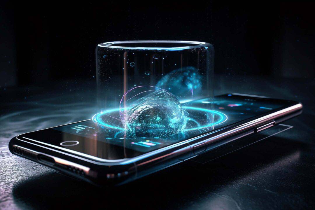 Smartphone med en holografisk projektion af en futuristisk brugerflade, der kommer ud af skærmen og symboliserer avanceret teknologi.
