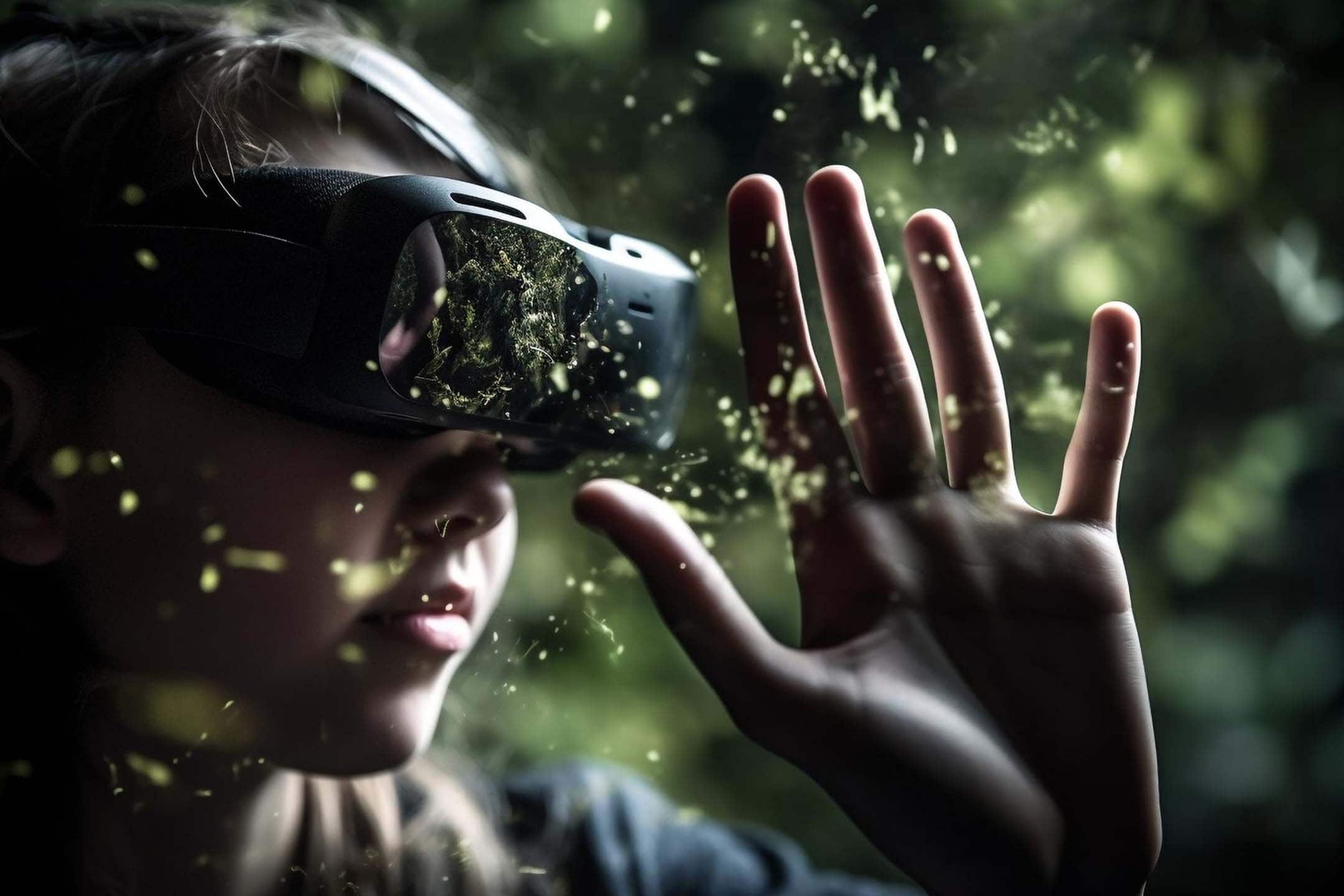 Jeune personne évoluant dans un environnement forestier en réalité virtuelle, tendant la main pour toucher les particules illuminées.