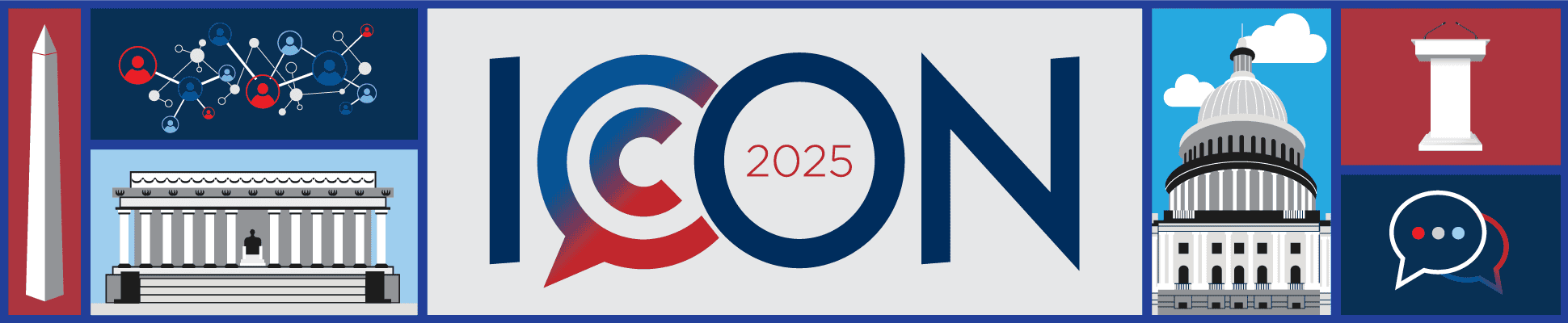 ICON 2025 conference logo. Dark blue text for ICON with 2025 inside the O and a small red C inside a larger C