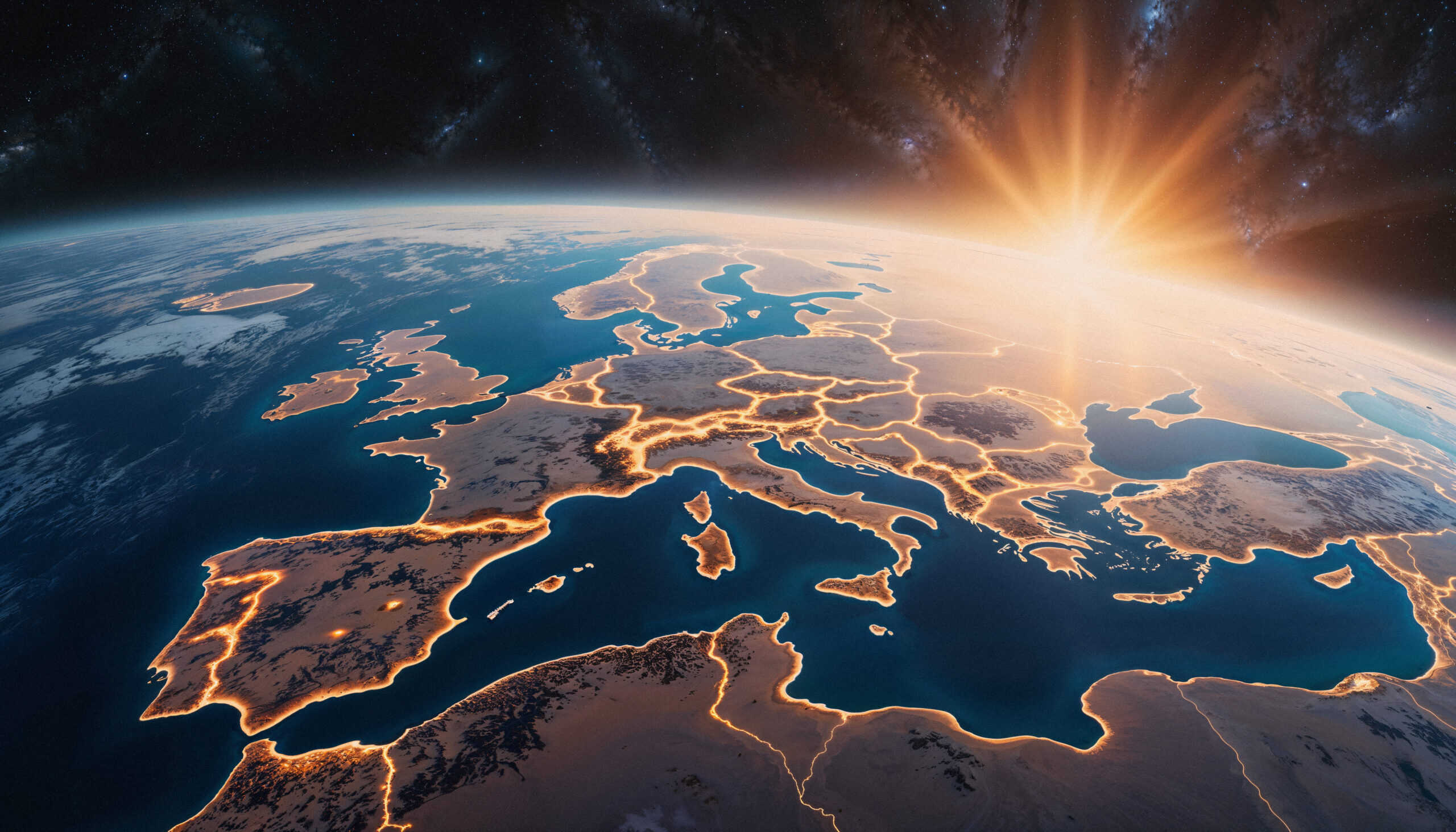 A view of Europe from space with glowing borders outlining the countries, and the sun rising over the horizon, casting light across the continent and the curved Earth beneath a starry sky.