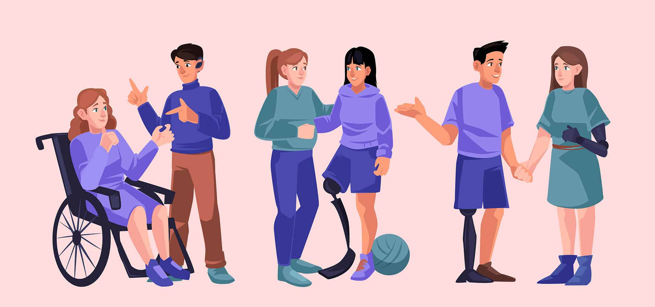 Illustration of five people with visible disabilities, including a woman in a wheelchair and others with prosthetics, all interacting and smiling, reflecting the inclusivity promoted by Digital Accessibility Laws in the US.