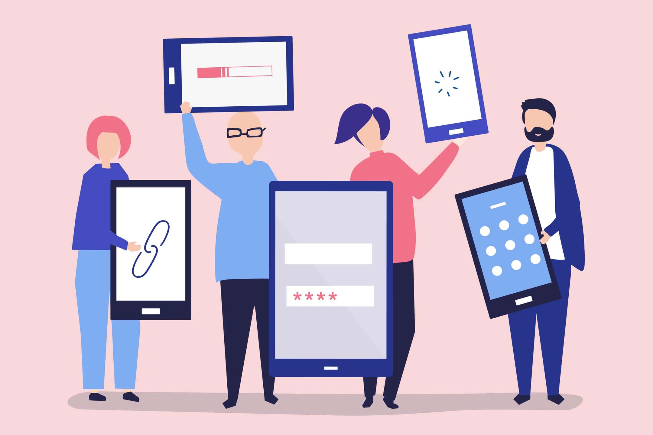 cartoon of people holding different devices, signifying digital equality