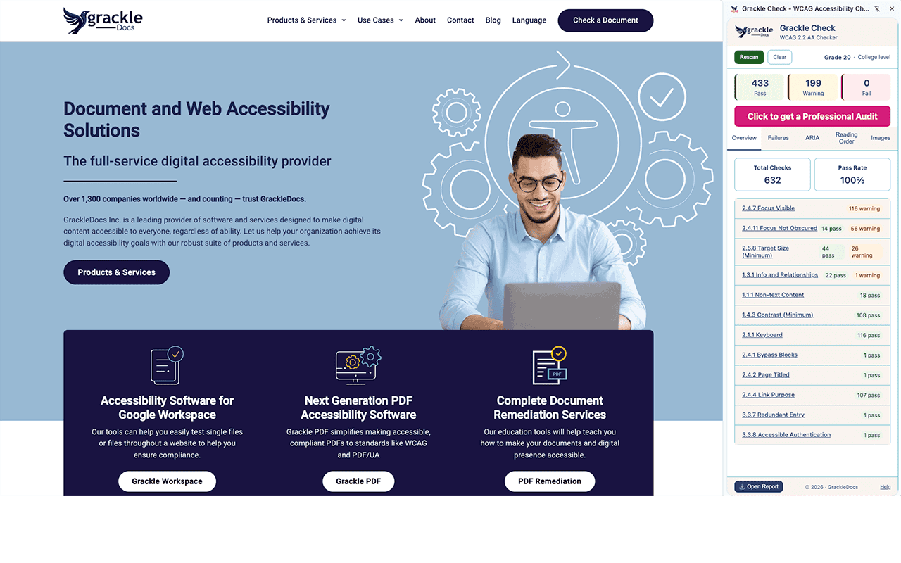 A screen capture of the GrackleDocs website with the Grackle Check browser extension open on the right. The extension shows a WCAG 2.2 AA audit summary with 433 passes, 199 warnings, and 0 fails, achieving a 100% pass rate for the 'Total Checks' category.